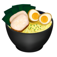 a bowl of ramen with eggs and meat png