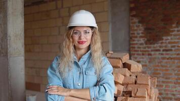 A young woman in a work helmet and denim clothes and goggles stands at the construction site. Monitoring compliance with technical requirements on construction video