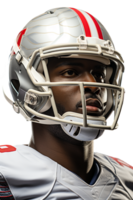 AI generated The head of a black American football player in gray. Close-up. White isolated background png