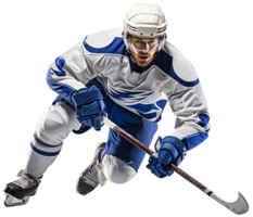 ai generiert ein Eishockey Spieler im ein Weiß und Blau Uniform tut Beschleunigung auf das Eis mit ein Stock im seine Hände. isoliert auf ein transparent Hintergrund png