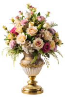 ai généré élégamment décoré fleurs arrangé dans fleuri vases, isolé sur transparent Contexte png