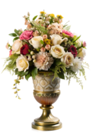 ai gerado elegantemente decorado flores arranjado dentro ornamentado vasos, isolado em transparente fundo png