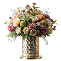 ai generado esmeradamente decorado flores arreglado en moderno lujo florero, aislado en transparente antecedentes png