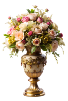 ai généré élégamment décoré fleurs arrangé dans fleuri vases, isolé sur transparent Contexte png