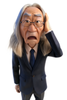 ai gerado 3d estilo ilustração do Ásia velho homem dentro escritório trabalhador uniforme, grandes cabelo, ele é estressado png