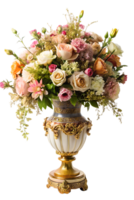 ai généré élégamment décoré fleurs arrangé dans fleuri vases, isolé sur transparent Contexte png