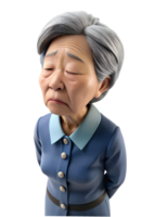 AI generated 3d style illustration of asia old woman in office worker uniform, She is exhosted, isolated on transparent background png