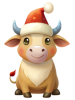 AI generated cute ox wearing a santa hat on transparent background png