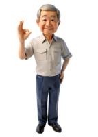 ai généré 3d style illustration de Asie vieux homme dans Bureau ouvrier uniforme, avec content, il est D'accord main, isolé sur transparent Contexte png