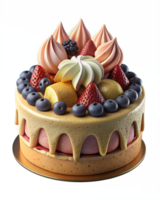 ai generiert ein geschichtet Kuchen mit bunt Glasur, umgeben durch frisch Obst eine solche wie Erdbeeren und Blaubeeren auf transparent Hintergrund, 3d Stil png