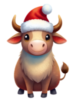 AI generated cute ox wearing a santa hat on transparent background png