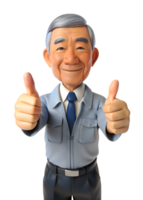 AI generated 3d style illustration of asia old man in office worker uniform with smile, he is Thumbs Up, isolated on transparent background png