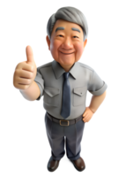 ai généré 3d style illustration de Asie vieux homme dans Bureau ouvrier uniforme avec sourire, il est les pouces en haut, isolé sur transparent Contexte png