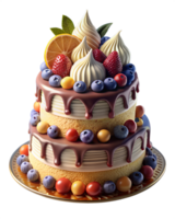 AI generated A layered cake with colorful icing, surrounded by fresh fruit such as strawberries and blueberries on transparent background, 3D style png