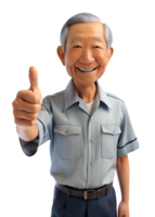 ai généré 3d style illustration de Asie vieux homme dans Bureau ouvrier uniforme avec sourire, il est les pouces en haut, isolé sur transparent Contexte png