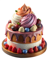 AI generated A layered cake with colorful icing, surrounded by fresh fruit such as strawberries and blueberries on transparent background, 3D style png