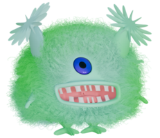 3D monster one eyed fluffy colorful white green png