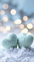 AI generated Two Mint Green Hearts Adorned with White Dots Resting on Snow, Bokeh Lights, Atmosphere of Love and Romance in Soft Pastel Tones Perfect for Valentines Day photo