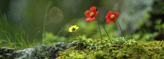 ai generado dos rojo flores crecer en musgo, con un verde antecedentes. foto