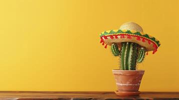 AI generated Cactus in sombrero hat on wooden table against yellow background with space, Mexican fiesta concept. photo