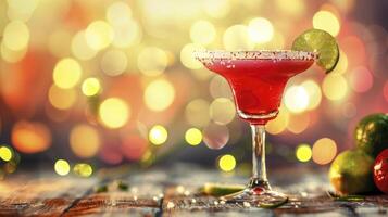 AI generated A red margarita in a martini glass with a salted rim on a wooden against a bokeh background photo