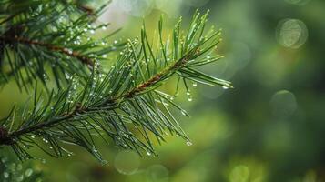 ai generado gotas de lluvia en pino ramas con un verde antecedentes. foto