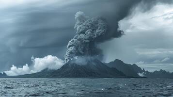 ai generado escupiendo fumar y oscuro gris nubes terminado el isla. foto