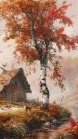 AI generated A birch tree stands beside an old thatched cottage, with red leaves and orange foliage and a deer standing next photo