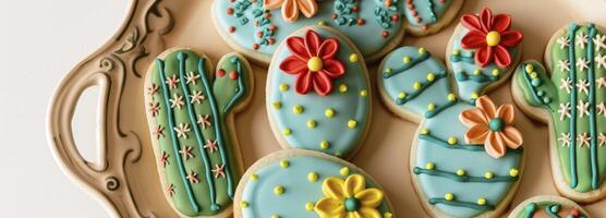 AI generated Cinco de Mayo day concept decorated sugar cookies in the shape of cacti with vibrant green and blue icing with bright red or yellow flowers. photo