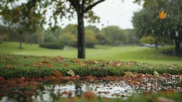 AI generated Rain falls on the grass around a small pond. photo