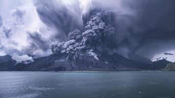 ai generado escupiendo fumar y oscuro gris nubes terminado el isla. foto