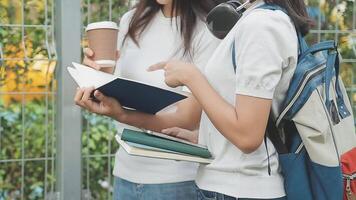 grupo do jovem ásia aluna caminhando e falando às universidade antes classe sala. Educação, costas para escola conceito video