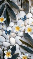 AI generated Nature Palette. White Pebbles, Yellow and Green Leaves, and Blue Butterflies photo