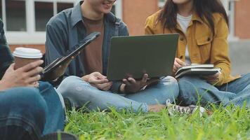 grupo do feliz jovem ásia Faculdade alunos sentado em uma banco, olhando às uma computador portátil tela, discutindo e debate em seus escola projeto junto. video