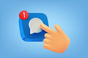 Hand pressing blue button with new message icon. 3d vector illustration