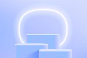 Blue studio with podium and neon light. 3d vector illustration with copy space