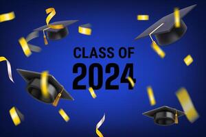 Class of 2024. Flying confetti and graduation caps. 3d style banner vector