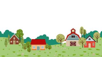 Spring landscape barn farm, house, meadow and trees flat design style collection. countryside panoramic copy space for banner background seamless vector