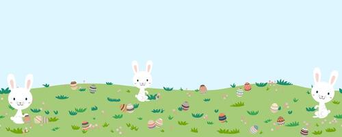 Easter landscape bunnies with colorful eggs and daisy flower on meadow under blue sky vector