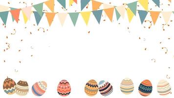 Happy Easter banner of beautiful painted eggs, triangle pennants chain and confetti for the children's game egg hunt vector