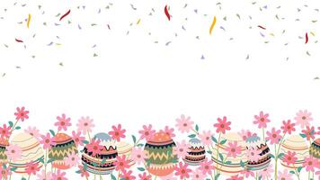 painted colorful Easter eggs, daisy and confetti banner background vector