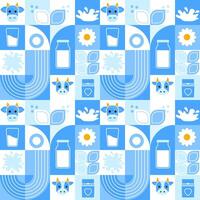 Vector seamless pattern with cows, milk, flowers. Modern abstract Background. World Milk Day. Vector illustration of geometric shapes.