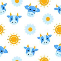 Vector seamless pattern with cows, sun, flowers. World Milk Day. Vector illustration background.