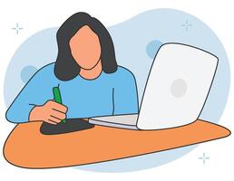 Girl studying online using laptop vector