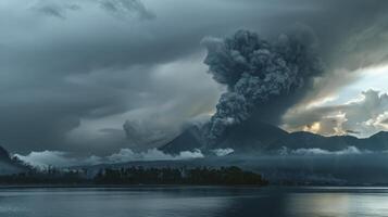 ai generado escupiendo fumar y oscuro gris nubes terminado el isla. foto