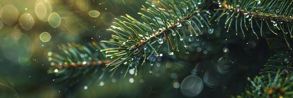 AI generated Raindrops on pine branches with a green background. photo