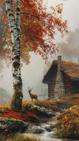 AI generated A birch tree stands beside an old thatched cottage, with red leaves and orange foliage and a deer standing next photo