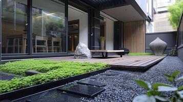 AI generated Modern Japanese-style courtyard with green moss and plants. photo