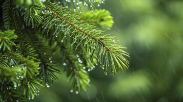 ai generado gotas de lluvia en pino ramas con un verde antecedentes. foto