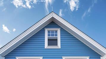 AI generated The top roof and gable on a blue house with white trim, against a blue sky background. photo